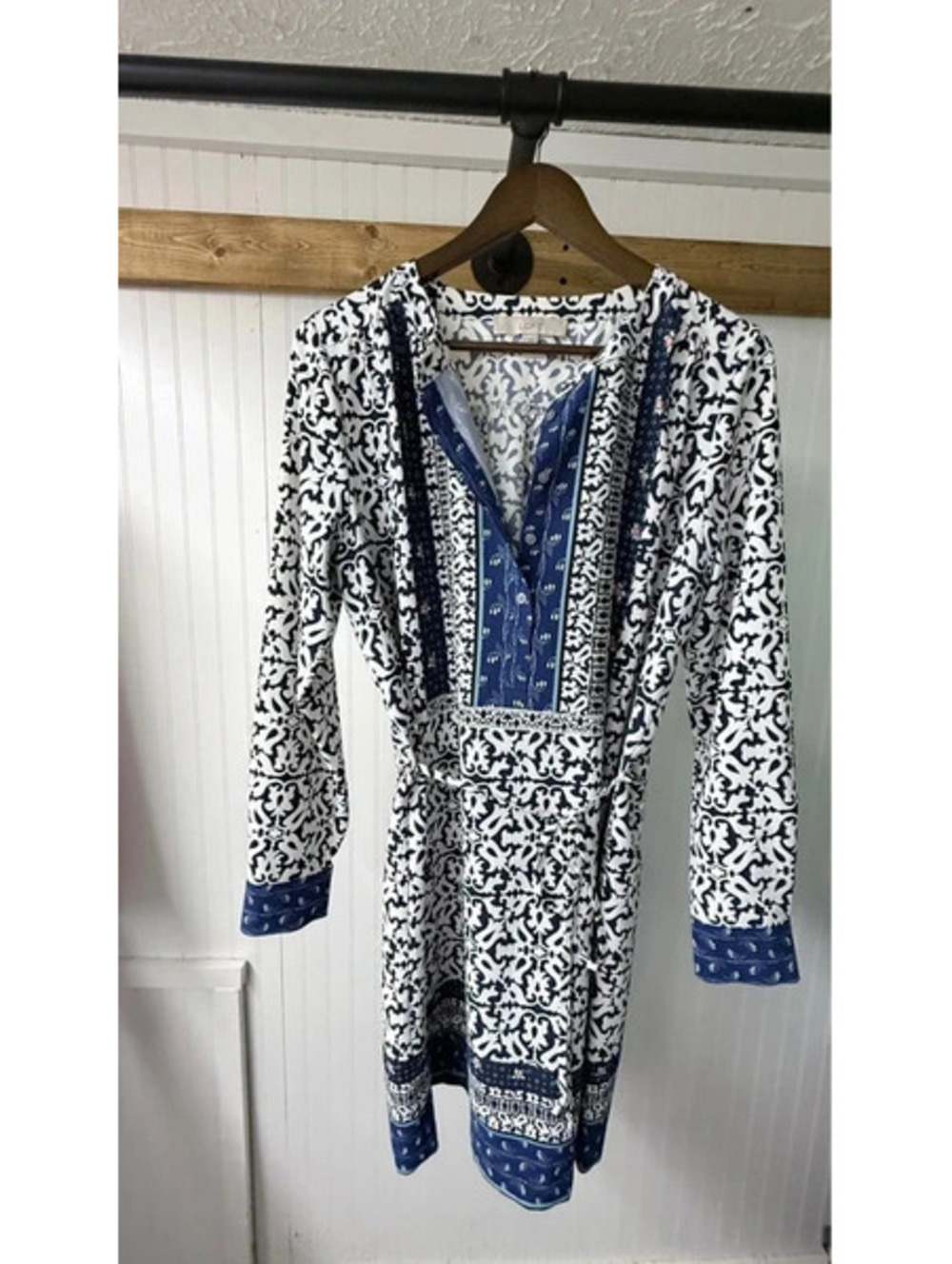LOFT Tie Waist Floral Mosaic Shirtdress medium boho preppy dressy